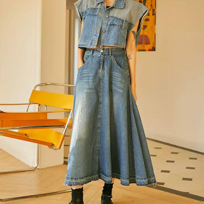 デニムミモレ丈フレアスカート w-012