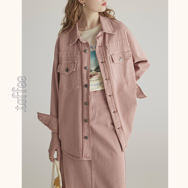 ピンクデニムジャケット＆ミモレ丈ストレートスカートセットアップ　《Z00776》