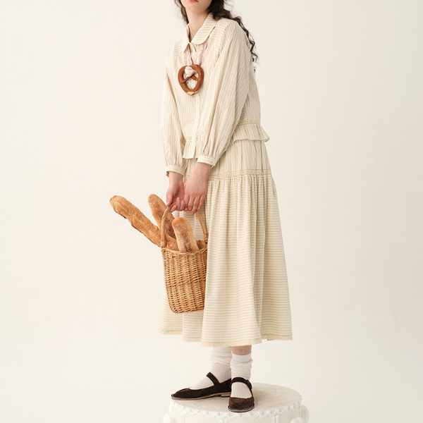 【2color】レトロストライプフリルヘムセットアップ X-263