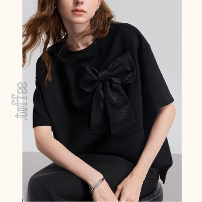 【2color】ビッグリボンクルーネック半袖Tシャツ《Z00933》