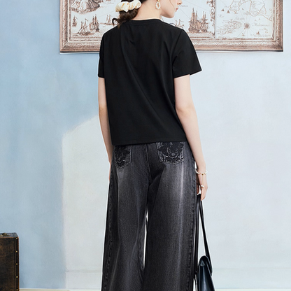 チュールリボンと水鳥プリントのブラックTシャツ《Z01060》