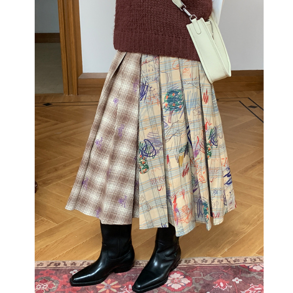 パッチワークプリーツロングスカート Z00106