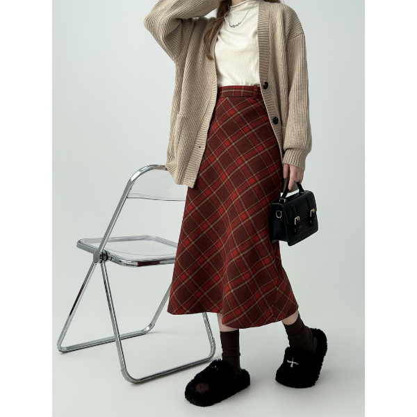 タータンチェックAラインロングスカート X-515