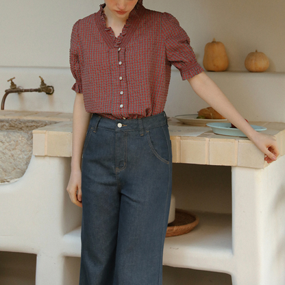 フリルネックチェック柄ブラウス《Z00822》