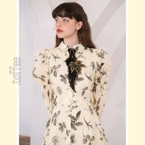 クラシカルボタニカルプリント　パフスリーブシャツワンピース　C0165
