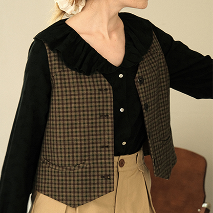 ブラウンチェック柄シングルブレストベスト　Z00507