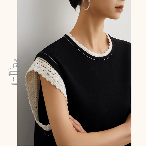 クルーネックレースディテールブラックワンピース《Z00948》