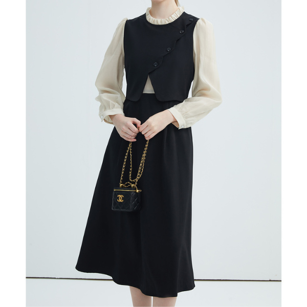 【3color】フェイクツーピース パールエッジワンピース X-424