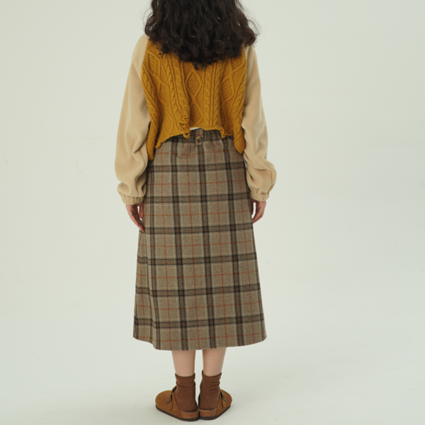 【2color】ホーンボタンチェック柄ロングスカート　Z00607