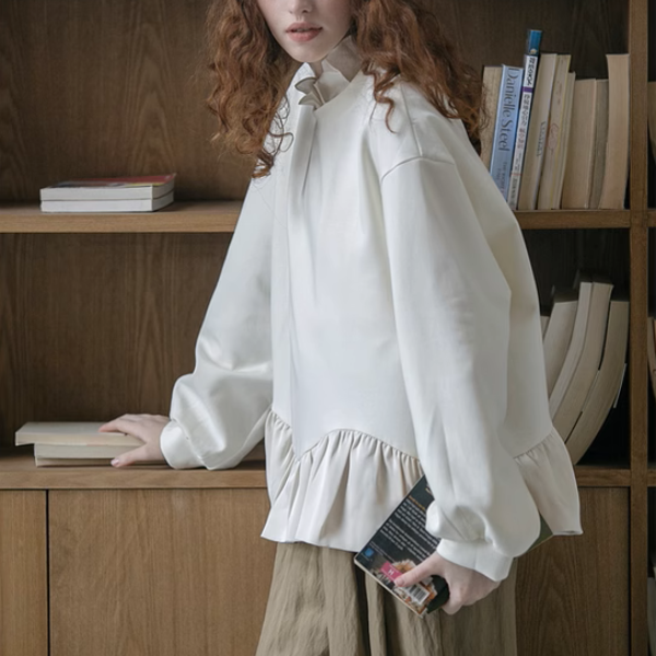 【2color】フリルヘム＆バルーンスリーブルーズブラウス《Z00895》
