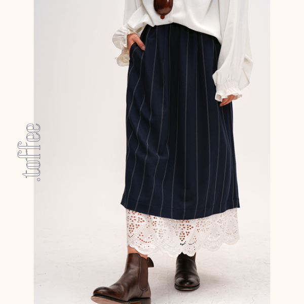 ネイビーストライプ＆レース重ね着スカート　Z00477