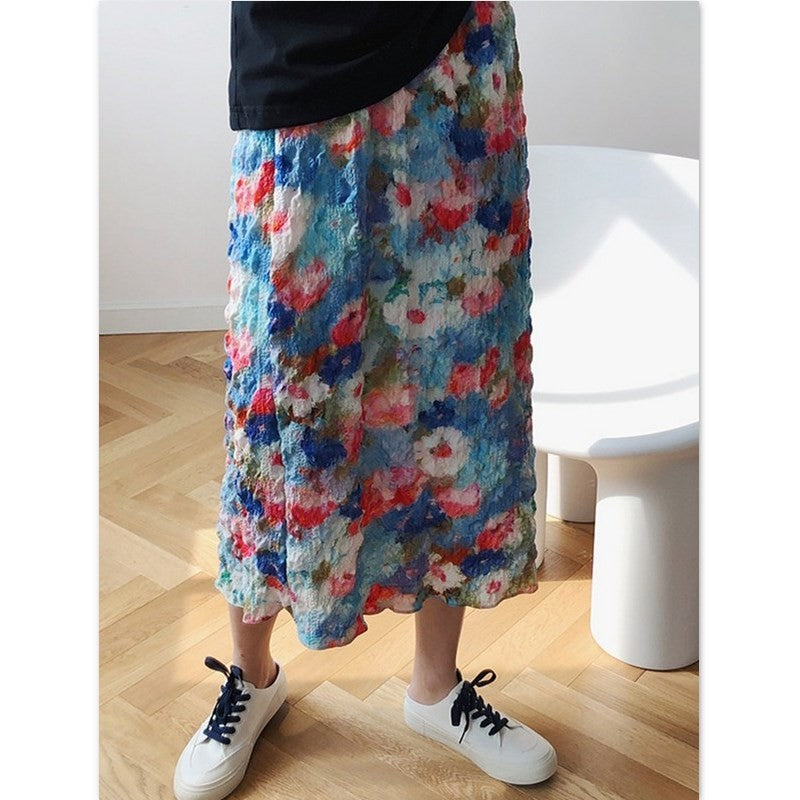 油絵のようなフラワー柄スカート