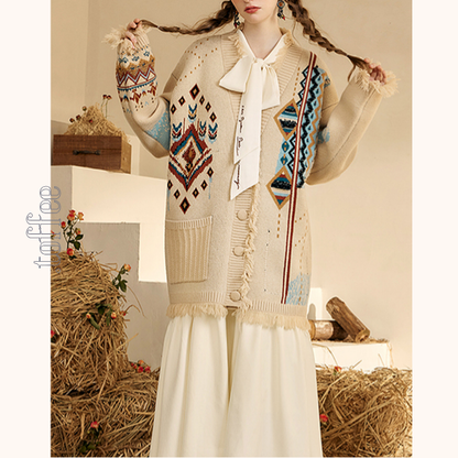 【2color】フリンジ付き北欧風ミドル丈カーディガン　《Z00671》