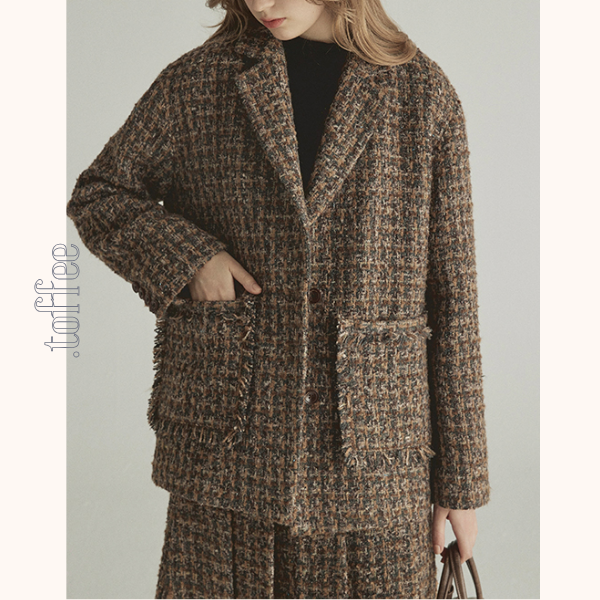 千鳥格子ツイードジャケット＆ロングプリーツスカートセットアップ　《Z00775》