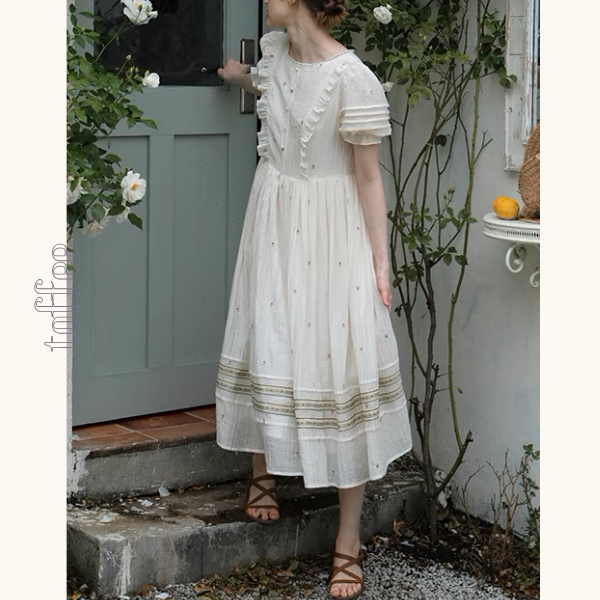 レース＆パール装飾パフスリーブワンピース《Z00985》