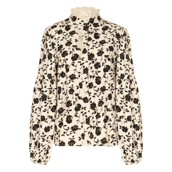 スタンドカラーブラックローズレースブラウス X-470