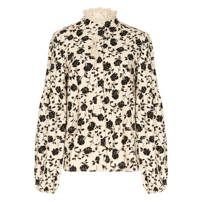 スタンドカラーブラックローズレースブラウス X-470