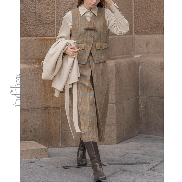 【3color】チェック柄リボン装飾ジレ＆ミモレ丈プリーツスカートセットアップ《Z00858》