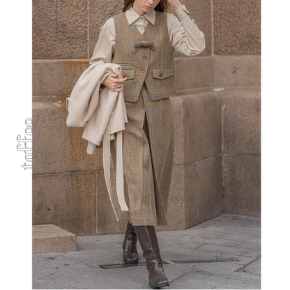 【3color】チェック柄リボン装飾ジレ＆ミモレ丈プリーツスカートセットアップ《Z00858》