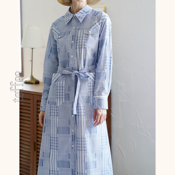 チェック柄パッチワークシャツワンピース　Z00469