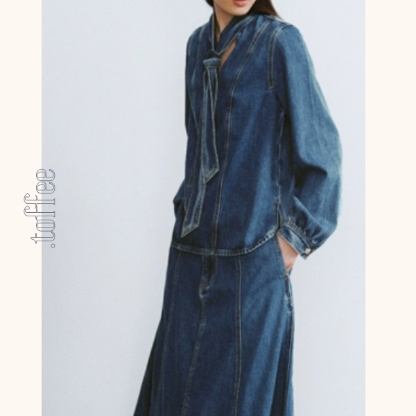 リボンタイ付きウォッシュドデニムシャツ　Z00611