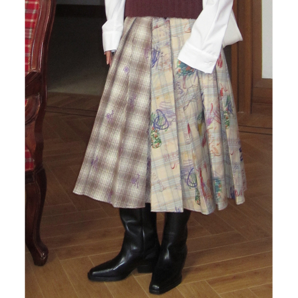 パッチワークプリーツロングスカート Z00106