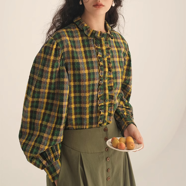 パフスリーブチェック柄ブラウス　Z00451