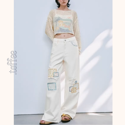 パッチワーク小花刺繍ワイドパンツ《Z01033》