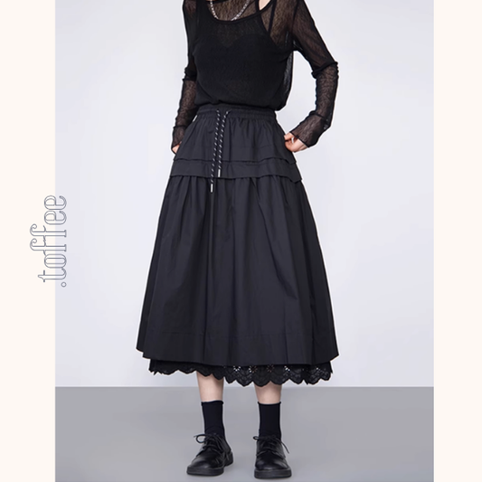 【2color】レースヘムAラインロングスカート《Z00988》