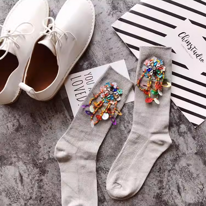 フラワービーズ装飾クルーソックス4点セット　《Z00774》