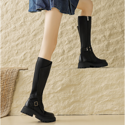 【2color】ラウンドトゥサイドジッパーロングブーツ X-468