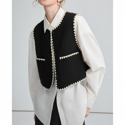 刺繍トリミングのショートベスト X-295