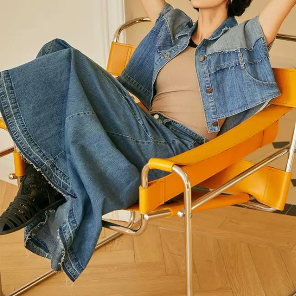 デニムミモレ丈フレアスカート w-012