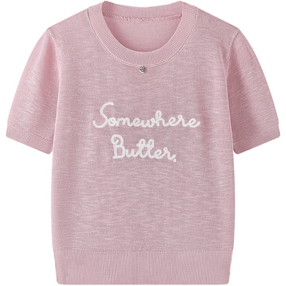 【7color】レター刺繍入りクルーネック半袖ニット　Z00393