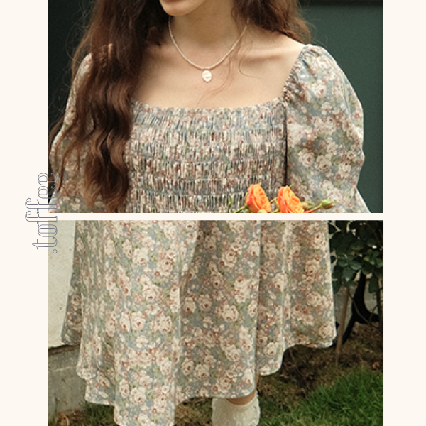 小花柄パフスリーブミモレ丈ワンピース　《Z00745》