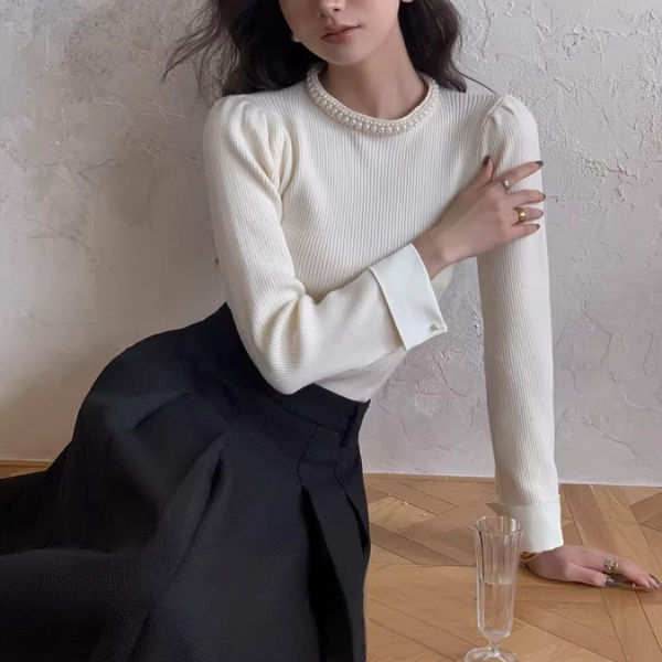 【2color】パールネックが輝くラグジュアリーニットセーター《Z01312》