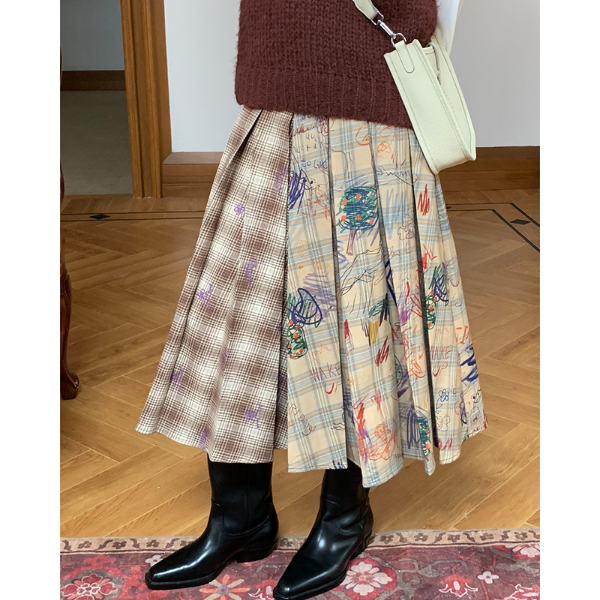 パッチワークプリーツロングスカート Z00106