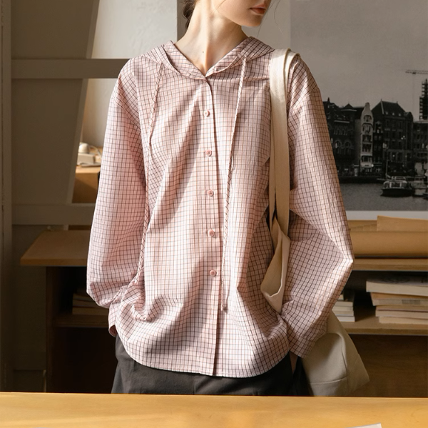 【2color】チェック柄フーディーシャツ《Z00978》