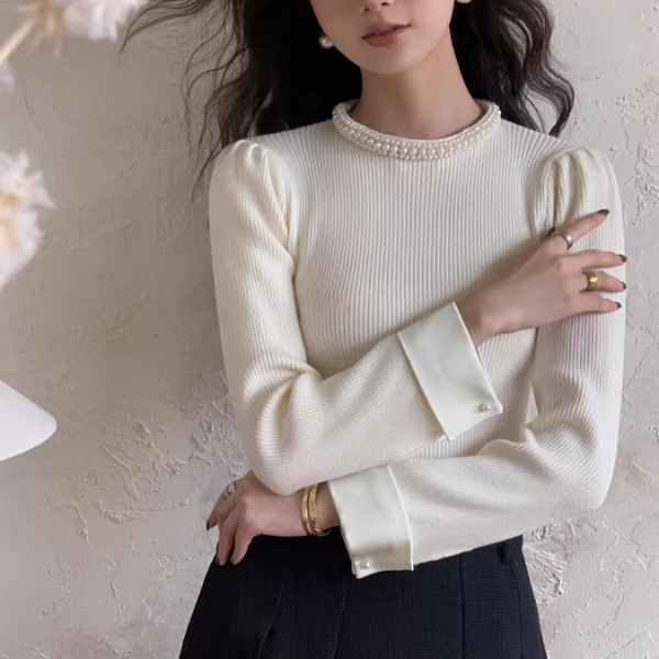 【2color】パールネックが輝くラグジュアリーニットセーター《Z01312》