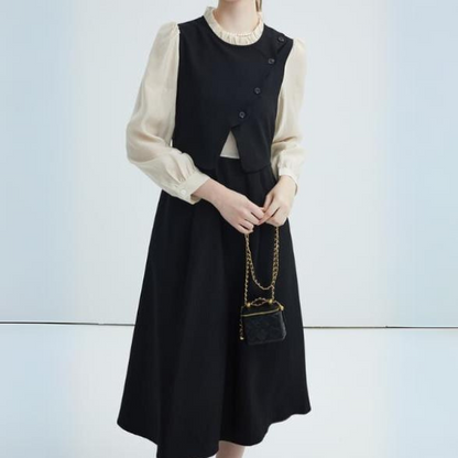 【3color】フェイクツーピース パールエッジワンピース X-424