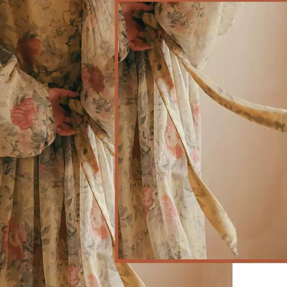 フラワープリントボリュームスリーブワンピース X-046