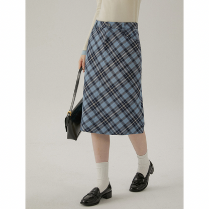 タータンチェックハイウエストミドル丈スカート X-440
