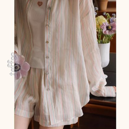 カラフルストライプルーズシャツ＆ワイドショートパンツのセットアップ《Z01029》