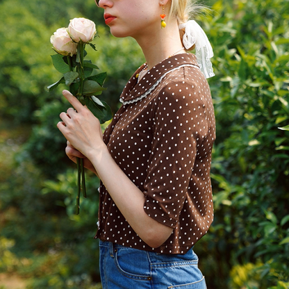 【2color】レトロ可愛いドット柄クロップドニット《Z01050》