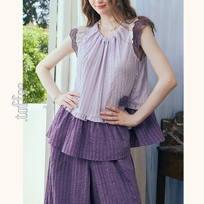 フリルスリーブトップ＆ワイドパンツセットアップ《Z00966》