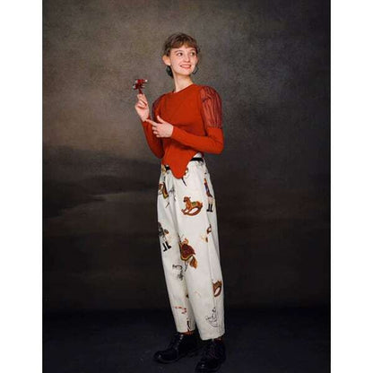 【2color】くるみ割り人形プリントタックテーパードパンツ C0107