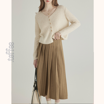 ストライプ柄ダブルブレストテーラードジャケット＆ハイウエストプリーツスカートセットアップ　《Z00777》