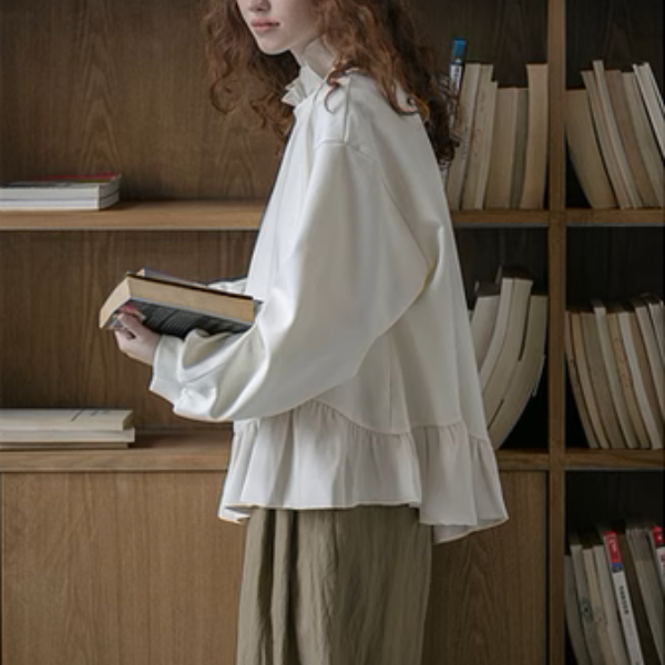 【2color】フリルヘム＆バルーンスリーブルーズブラウス《Z00895》