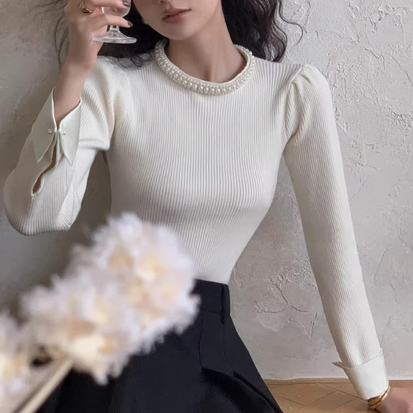 【2color】パールネックが輝くラグジュアリーニットセーター《Z01312》