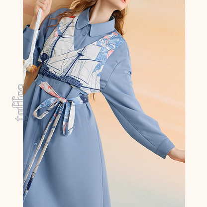 船と旅の重ね着風シャツワンピース《Z01132》